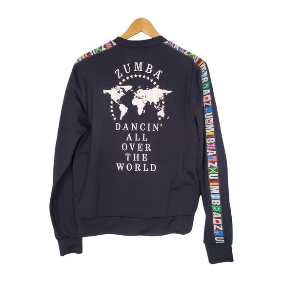 Zumba Dancin' All Over The World Full Zip Jacket Black Flags Fitness Size Medium - Picture 1 of 9